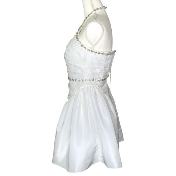 Self-Portrait White Taffeta Diamanté Embellished Trim Halter Neck Mini Dress - Picture 6 of 16